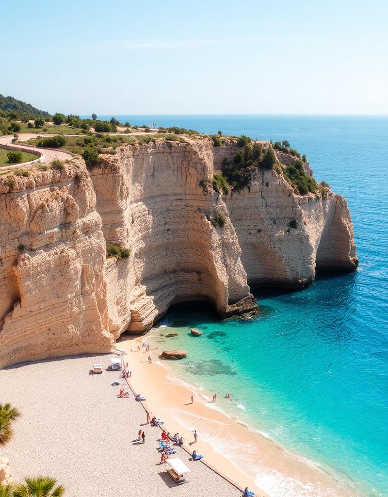 Plajă cu apă turcoaz și faleze în Antalya, Turcia