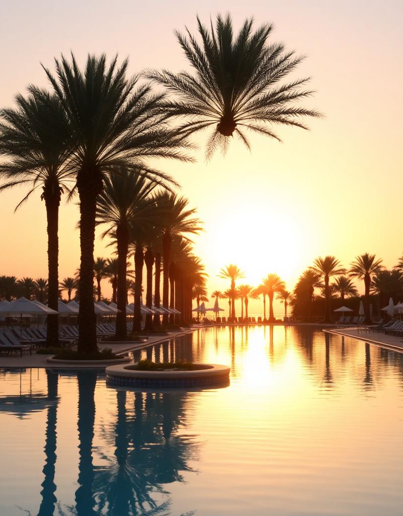 Piscină de resort cu palmieri la apus în Hurghada