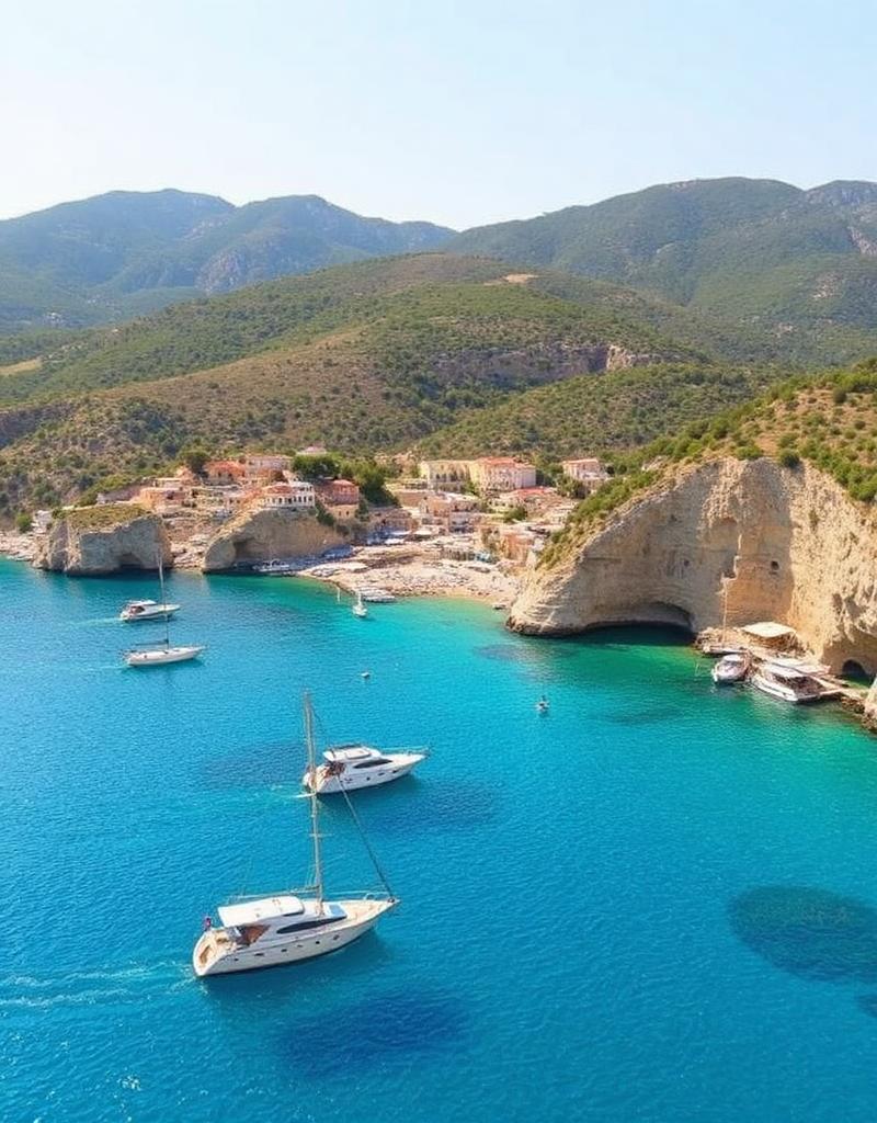 Golf cu apă turcoaz și bărci în Rhodos, Grecia